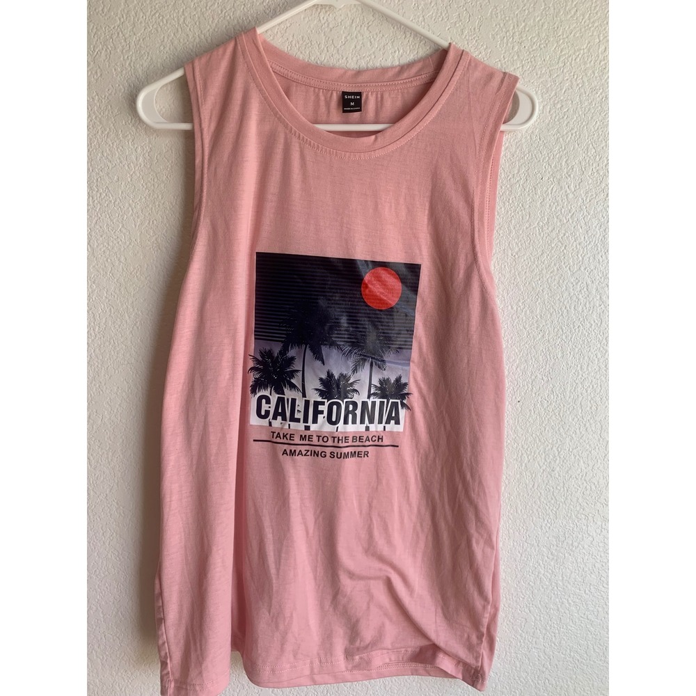 Shein California Graphic Tank Top Pink Sleeveless Beach Muscle Tee Womens Medium
